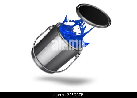 Vibrant blue tin of paint falling over on a white back ground 3d render Stock Photo