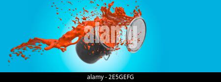 Orange paint flying out of a tine on a blue back ground 3d render Stock Photo