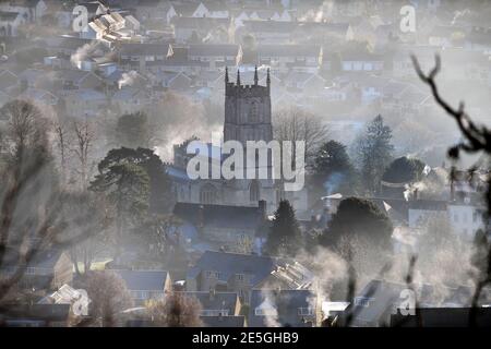 Misty scene with St Mary’s Church in Wotton-under-Edge, Gloucestershire UK Stock Photo