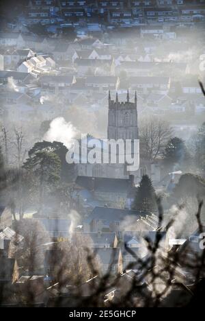 Misty scene with St Mary’s Church in Wotton-under-Edge, Gloucestershire UK Stock Photo