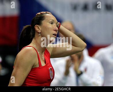 Serbia's Jelena Jankovic reacts during their final match of the Fed Cup tennis tournament against Czech Republic's Lucie Safarova in Prague November 4, 2012.   REUTERS/David W Cerny (CZECH REPUBLIC - Tags: SPORT TENNIS)