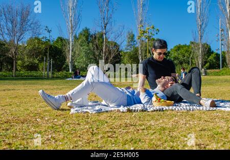 Caucasian Young Adult Gay Couple Enjoying a Picnic at the Park, Looking at Each Other Lying on Grass Stock Photo