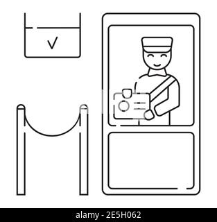 Customs icon vector in outline style. Officer checks the passport, stamps it, and gives touristic visa. Green zone of customs control Stock Vector