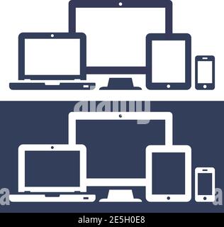Icons smart phone, tablet, laptop and desktop computer isolated on white and dark background. Vector illustration of responsive web design. Stock Vector