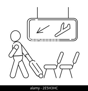 Arrival area icon vector. Airport transit zone sign in outline style is shown. Man pulling suitcase. Dashboard with airline and arrow down. Stock Vector
