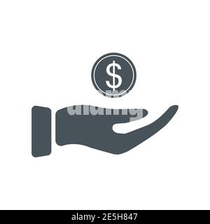 Hand and coin icon. Finance concept. Arm and money black outline. Vector illustration isolated on white. Stock Vector