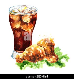 Crispy fried chicken with sauce. Watercolor hand drawn illustration ...