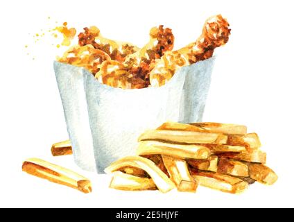 Crispy fried chicken. Watercolor hand drawn illustration, isolated on ...