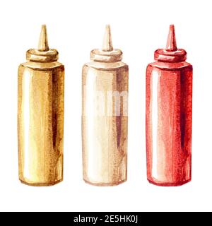 Sauces Set. Mustard, mayonnaise and ketchup.. Watercolor hand drawn illustration, isolated on white background Stock Photo
