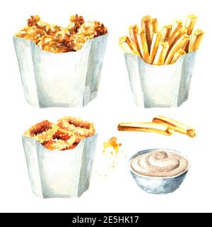 Crispy fried chicken with sauce. Watercolor hand drawn illustration ...