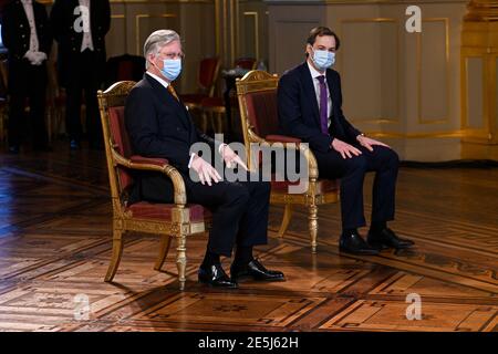 King Philippe - Filip of Belgium and Prime Minister Alexander De Croo pictured during a New Year's reception organized by the Royal Family for the Bel Stock Photo