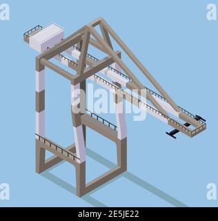 Vector isometric illustration of cargo crane. Port crane in docks. Stock Vector