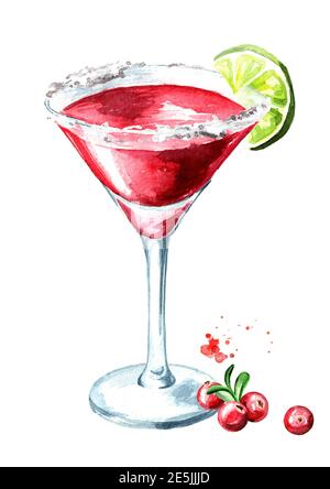 Hand Drawn Pink Lady Summer Cocktail. Drink with Ingredients Stock