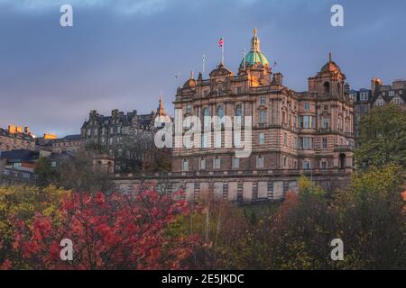 Autumn view at sunset from Princes Street Gardens of Museum on the Mound off the Royal Mile in old town Edinburgh housed in the head office for Bank o Stock Photo