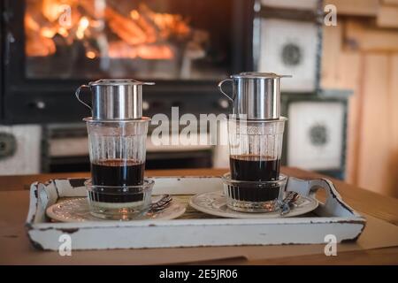 Traditional method alternative making of the vietnamese coffee Stock Photo