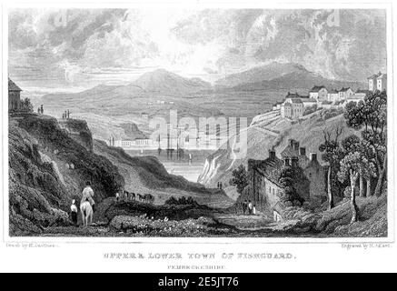 An engraving of Upper & Lower Town of Fishguard, Pembrokeshire scanned at high resolution from a book published in 1854. Believed copyright free. Stock Photo