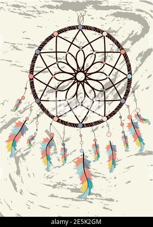 Native american indian dream catcher, traditional symbol. Bright card card with colored feathers and beads Stock Vector