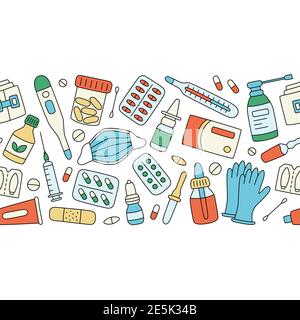 Meds, drugs, pills, bottles and health care medical elements. Color seamless pattern Stock Vector