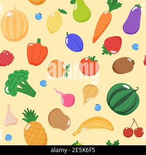 Fruits and vegetables seamless pattern, illustration in flat style Stock Photo