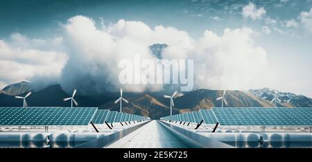 Floating solar power plant and offshore wind  turbine farm with majestic mountain background. 3d rendering Stock Photo