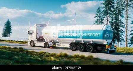Hydrogen gas transportation concept. Truck with gas tank trailer in fresh nature with solar panel and wind turbine in background. 3d rendering. Stock Photo