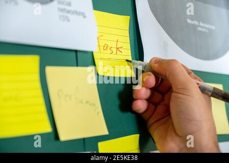 Businessman's hand writing tasks on notes Stock Photo