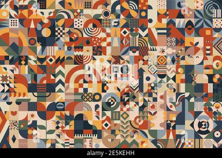 Abstract composition background made of blocks with a great variety of different simple geometric shapes and seamless patterns for your design Stock Vector