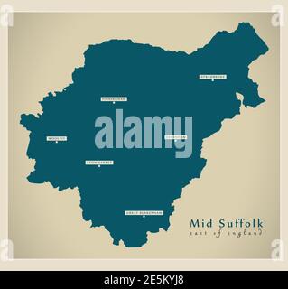 Modern Map - Suffolk County With District Labels England UK ...