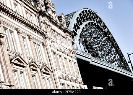 The iconic Tyne Bridge from the Quayside in Newcastle Upon Tyne, Tyneside, North East England, UK Stock Photo