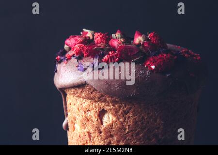Traditional delicious Easter cake isolated on black background. Dark food photography Stock Photo