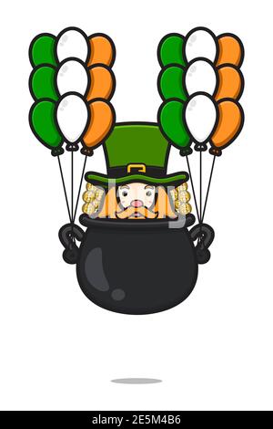 Cute leprechaun saint patrick day character flying with balloon cartoon vector icon illustration. Saint Patrick's Day icon concept isolated vector. Fl Stock Photo