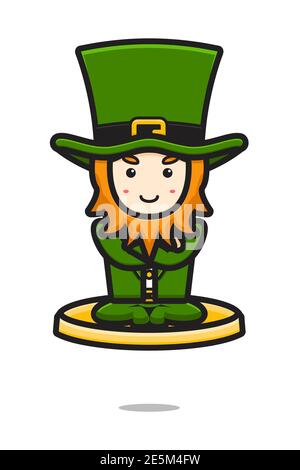 Cute leprechaun saint patrick day character flying with gold coin cartoon vector icon illustration. Saint Patrick's Day icon concept isolated vector. Stock Photo