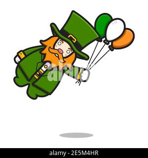 Cute leprechaun saint patrick day character flying holding balloon cartoon vector icon illustration. Saint Patrick's Day icon concept isolated vector. Stock Photo