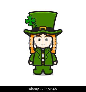 Cute leprechaun saint patrick day character with clover cartoon vector icon illustration. Saint Patrick's Day icon concept isolated vector. Flat carto Stock Photo