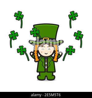 Cute leprechaun saint patrick day character celebrate with clover cartoon vector icon illustration. Saint Patrick's Day icon concept isolated vector. Stock Photo