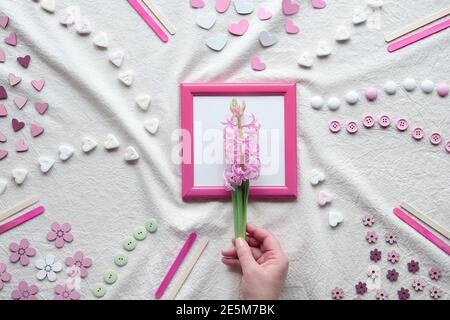 Abstract Springtime background. Hand holding pink pearl hyacinth flower in pink picture frame. Flat lay with hearts, candy, buttons, small decor Stock Photo