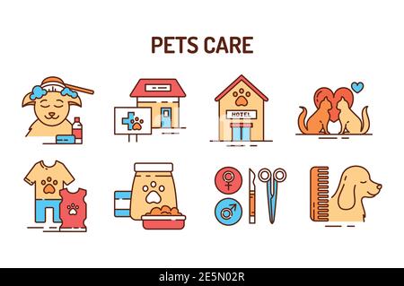 Pet care color line icons set. Providing great services for pets. Improving their life. Pictogram for web page, mobile app, promo. UI UX GUI design el Stock Vector