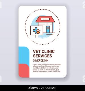 Vet clinic services brochure template. Animal care cover design. Print design with linear illustration cartoon character on a white background Stock Vector