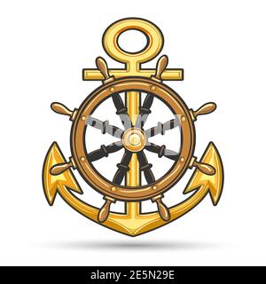 Nautical emblem with anchor and steering wheel. Shirt design, marine label or poster template. Vector illustration. Stock Vector