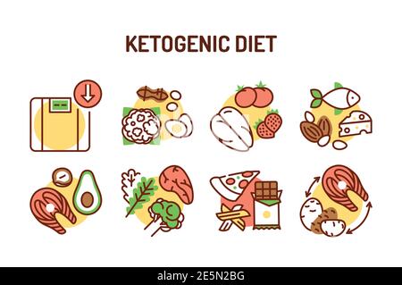 Ketogenic diet color line icons set. Very low-carb, high-fat diet. Pictogram for web page, mobile app, promo. Editable stroke Stock Vector