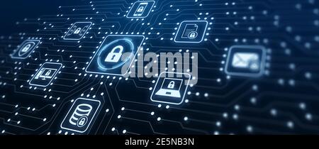 Data Protection and Cyber Security on Internet Server Network with Secure Access to Protect Privacy against Attacks. Illustration with Electronic Circ Stock Photo