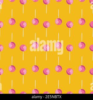 pink cake pops seamless vector pattern on yellow Stock Vector