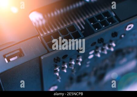 Power connector of a powerful modern video card of a personal computer close up Stock Photo