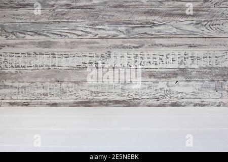 Empty white wooden background. Texture of old gray and white panel board with scuffs. Gray wooden wall and white rustic floor Stock Photo