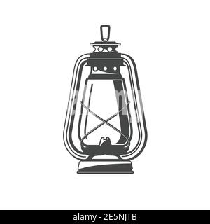 Old oil lamp, kerosene camping lantern silhouette, oil lamp icon, vector Stock Vector