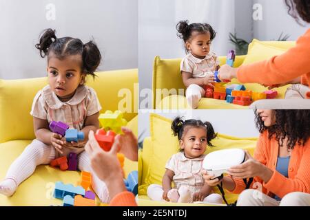 collage of toddler african american girl playing building blocks game and mother holding vr headset in living room Stock Photo