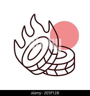 Two lying burning tires revolutionary barricade vector icon. Demonstration, protest, strike, revolution Stock Vector