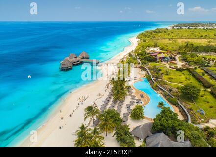 Aerial view of beautiful hotel on the sea. Sandy beach Stock Photo