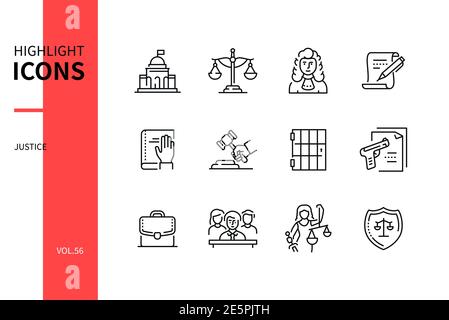 Justice concept - line design style icons set. Jurisdiction and crime idea. Court, libra scales, judge, legal document, book of oath, gavel, jail, rea Stock Vector