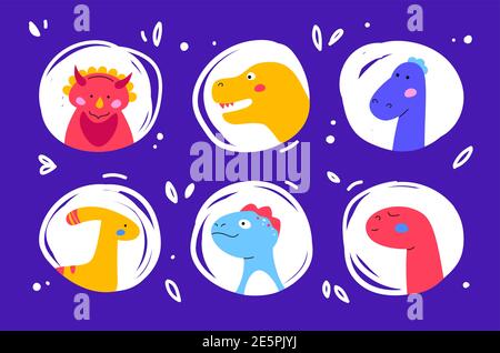 Dinosaurs faces - set of flat design style characters. Extinct animals, dino collection. Bright colorful images of brachiosaurus, T-rex, diplodocus, t Stock Vector
